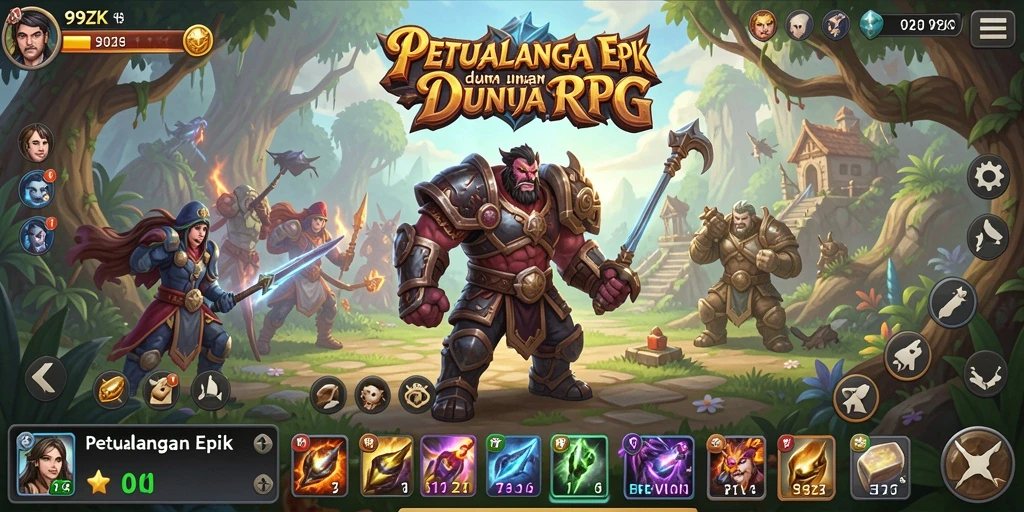 Screenshot utama <strong>99ZK</strong> menampilkan pertempuran mendebarkan antar karakter di dunia fantasi.