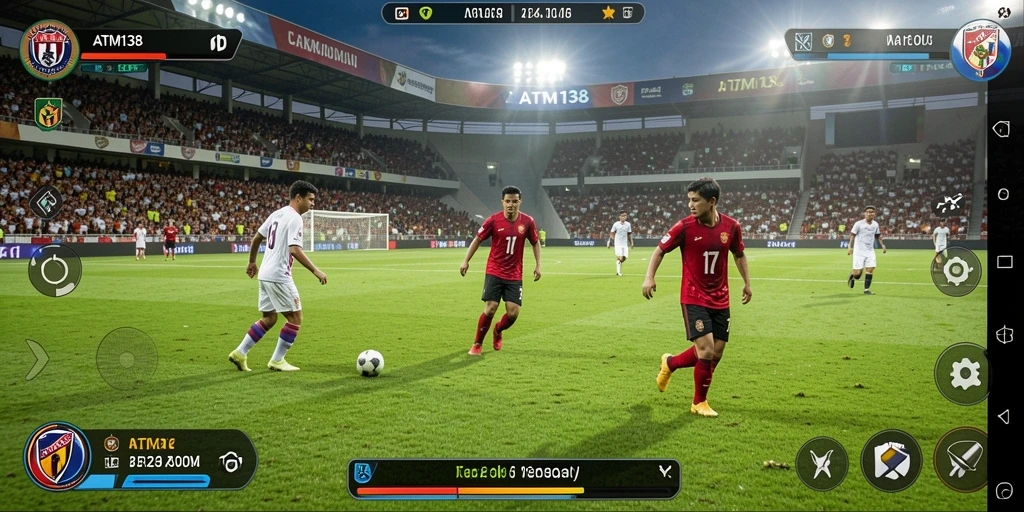 Screenshot gameplay menunjukkan aksi pemain sepak bola yang menegangkan.