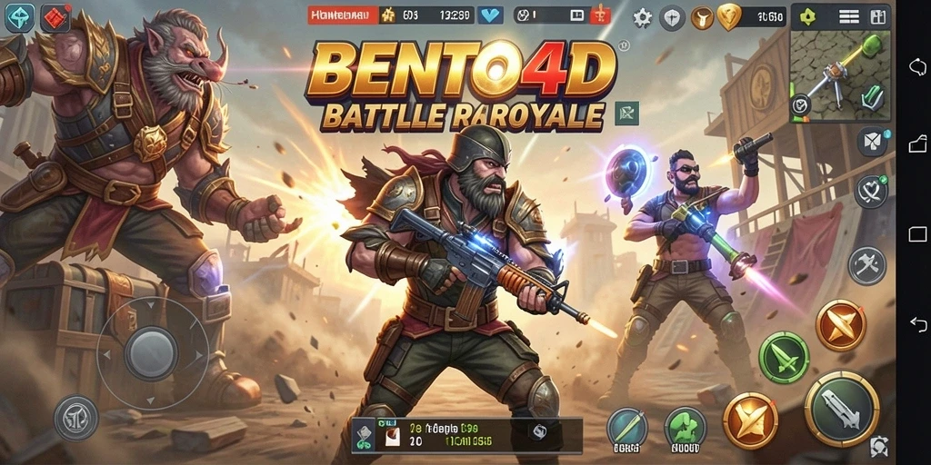 Screenshot BENTO4D menampilkan aksi pertempuran Battle Royale yang intens.