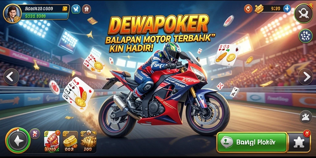 Screenshot DEWAPOKER menampilkan aksi balapan motor yang mendebarkan.