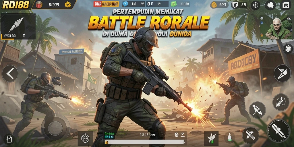 Screenshot utama RDI88 menampilkan suasana pertempuran epik di medan Battle Royale.
